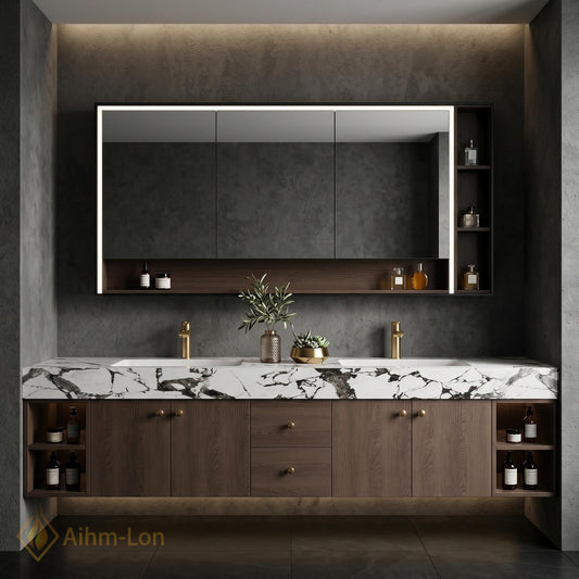 70''-96'' Floating Double Bathroom Vanity with Sink Dark Walnut Slatted Center Panel