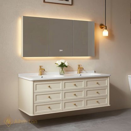 60''-96'' Sleek Bathroom Vanity with Sink Floating Warm Cream Spacious Storage Cabinet