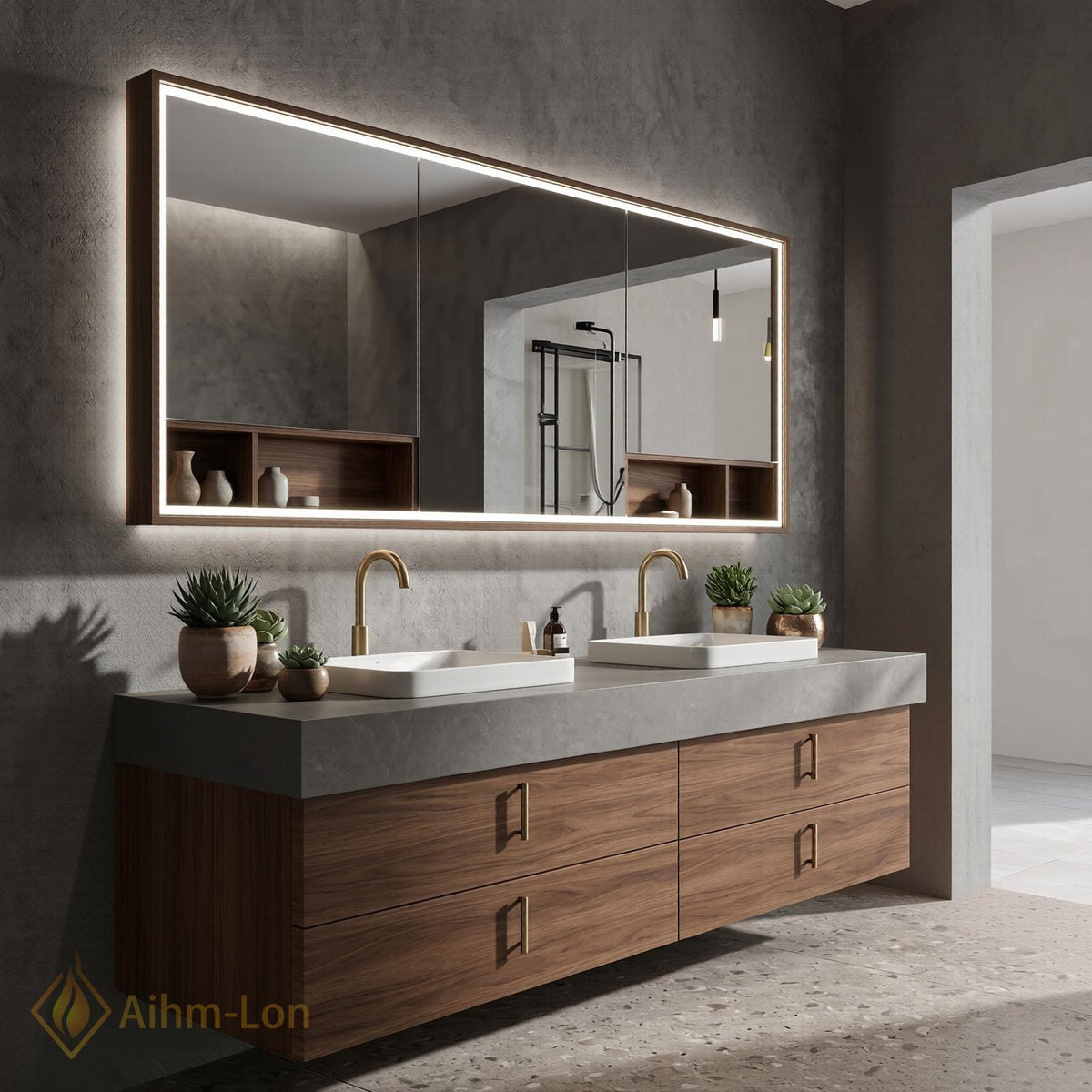 60''-96'' Modern Bathroom Vanity with Sink Warm Wood Grain Spacious Open Drawers