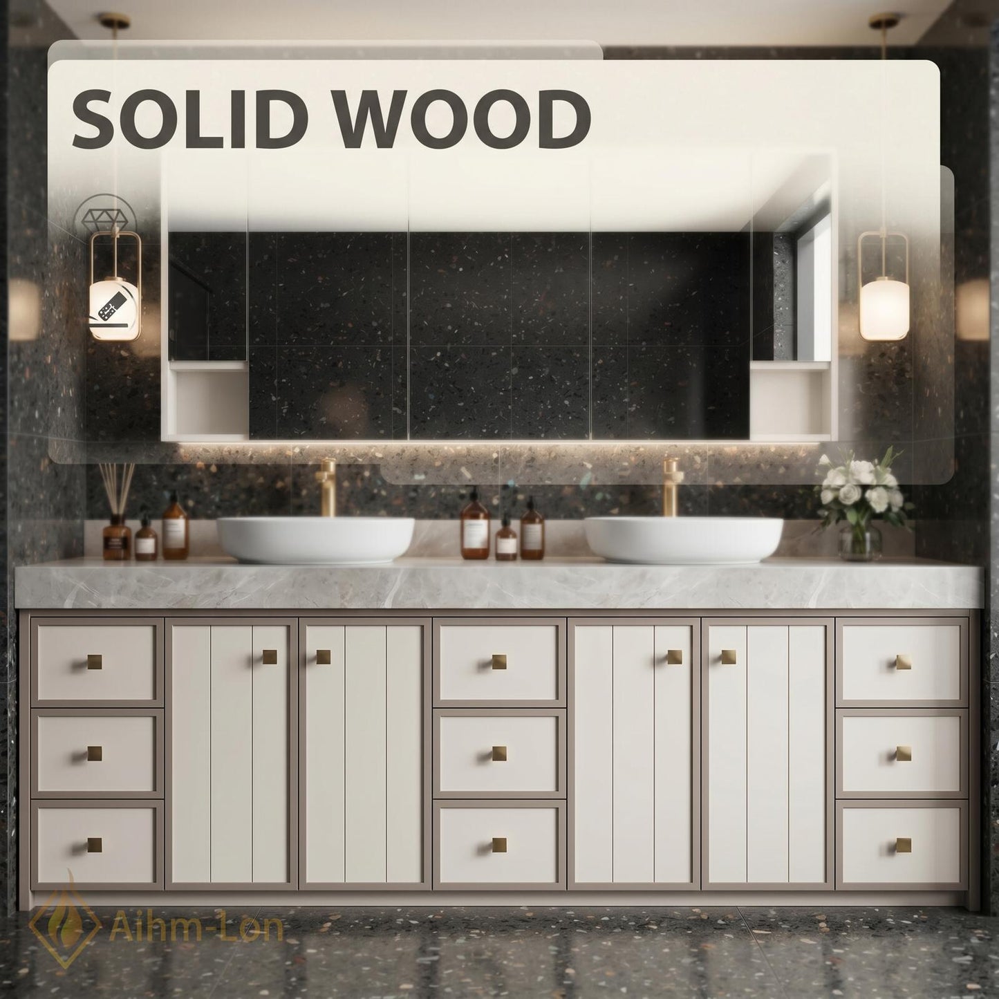78''-96'' Double Bathroom Vanity with Sink Modern White Paneled Front Taupe Frame
