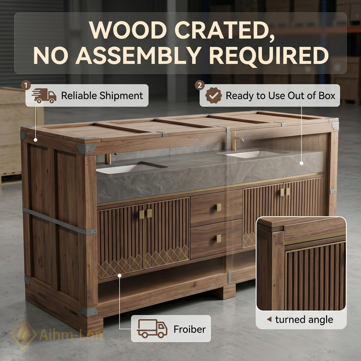 60''-96'' Double Bathroom Vanity with Sink Dark Walnut Slatted Center Panel Floating