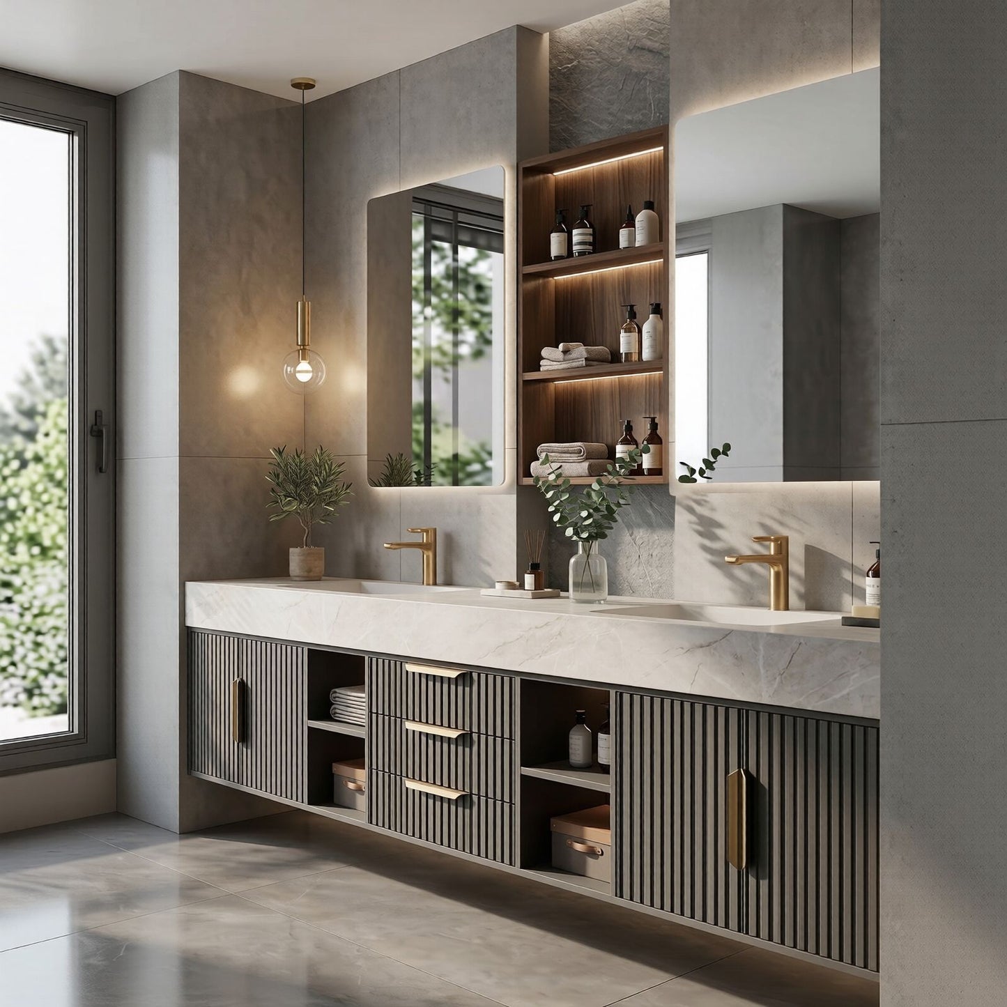 72''-96'' Double Bathroom Vanity with Sink Slat Front Panels Marble Look Shelving Cabinet
