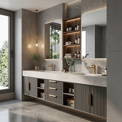 72''-96'' Double Bathroom Vanity with Sink Slat Front Panels Marble Look Shelving Cabinet