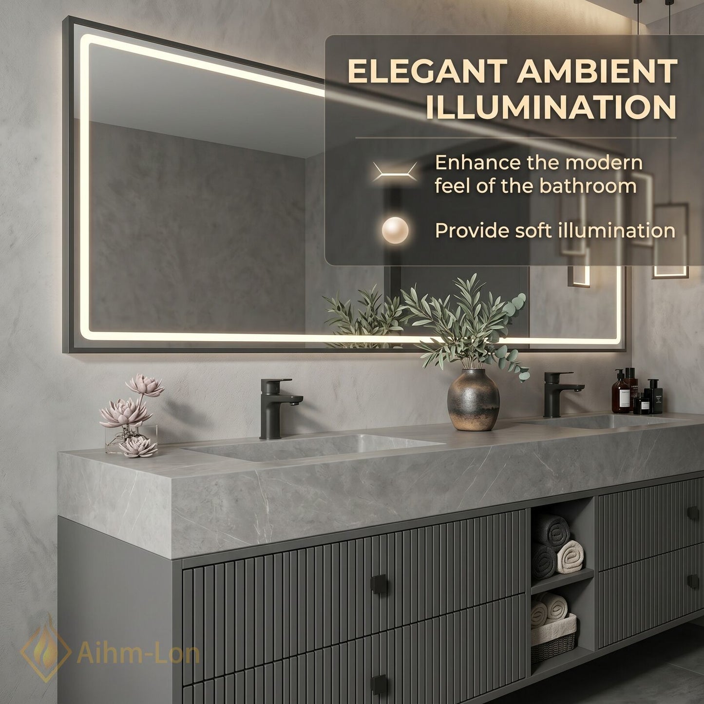 60''-96'' Double Bathroom Vanity with Sink Grey Floating Modern Stone-Top Vertical Grooved