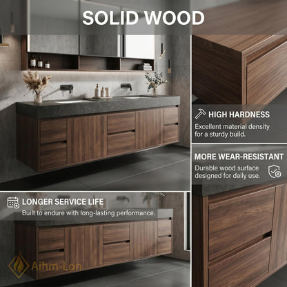 60''-96'' Double Bathroom Vanity with Sink Modern Floating Walnut Wood Grain Finish