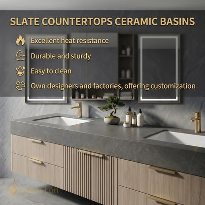 60''-96'' Modern Floating Bathroom Vanity with Sink Grey Stone Top Ribbed Doors