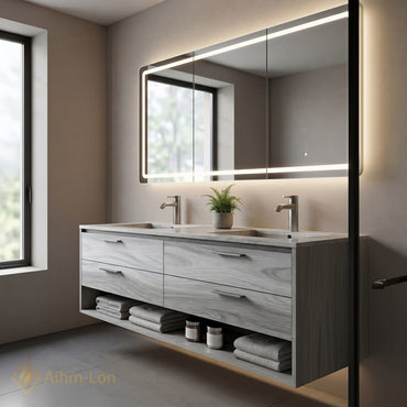 60''-96'' Double Bathroom Vanity with Sink Marble-Like Wood Grain Recessed Basins Mirror