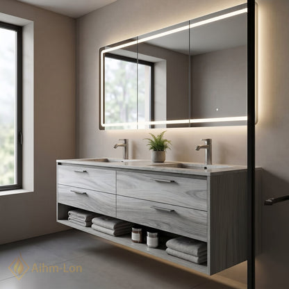 60''-96'' Double Bathroom Vanity with Sink Marble-Like Wood Grain Recessed Basins Mirror