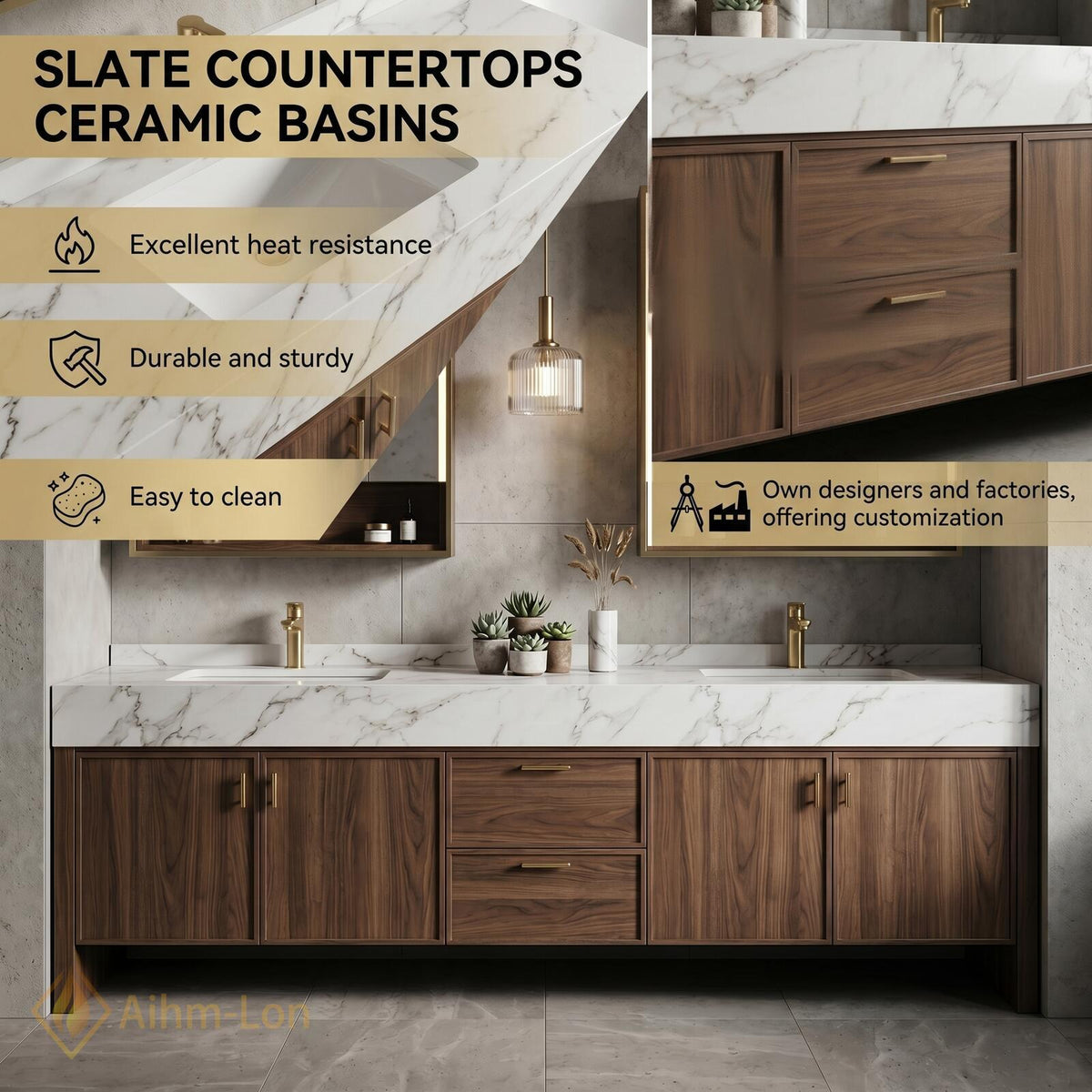 60''-96'' Double Bathroom Vanity with Sink Floating Dark Walnut Rich Grain Storage