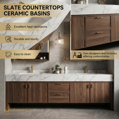 60''-96'' Double Bathroom Vanity with Sink Floating Dark Walnut Rich Grain Storage