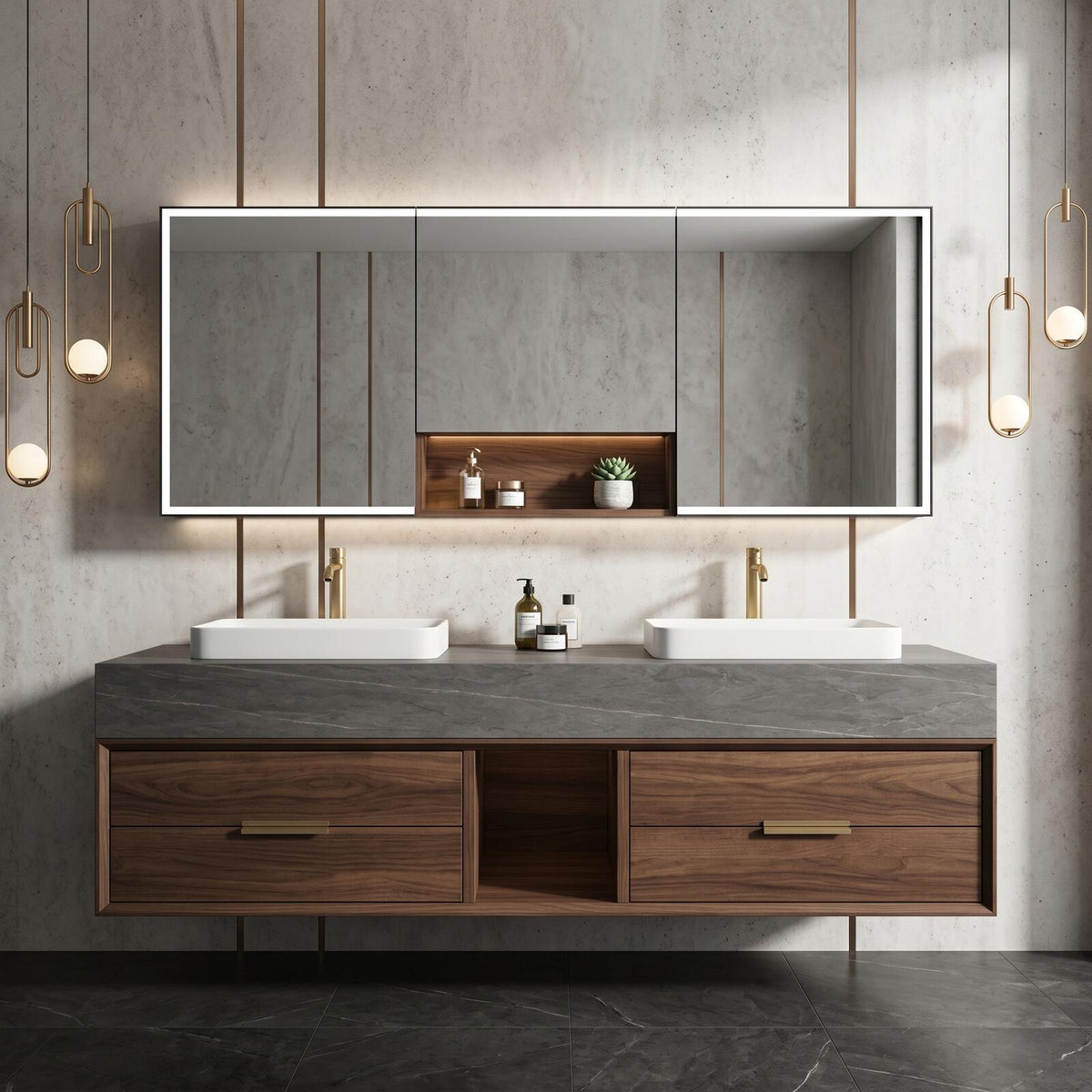 60''-96'' Mid-Century Grey Bathroom Vanity with Sink Large Center Open Shelf Storage