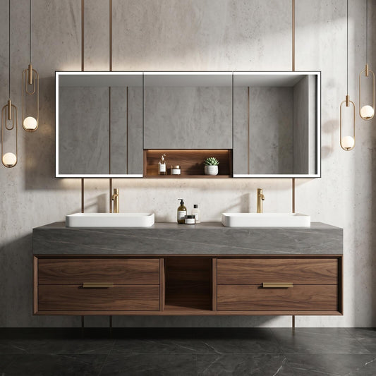 60''-96'' Mid-Century Grey Bathroom Vanity with Sink Large Center Open Shelf Storage