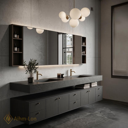 60''-96'' Double Bathroom Vanity with Sink Grey Stone Walnut Drawers Open Storage