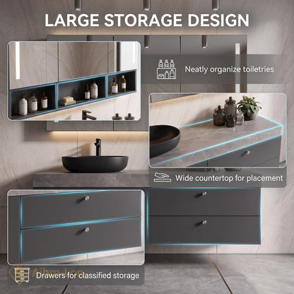 36''-110'' Floating Bathroom Vanity with Sink Grey Finish Stone Top Hidden Drawers