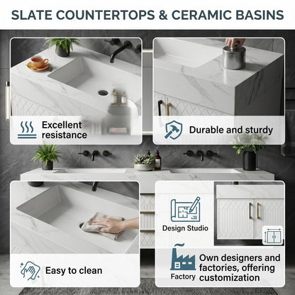 60''-96'' Double Bathroom Vanity with Sink Modern Floating Geometric Panel Marble-Style Top