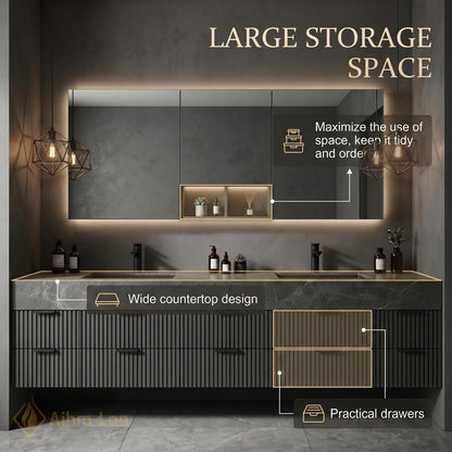 60''-96'' Double Bathroom Vanity with Sink Modern Floating Dark Grey Stone Look