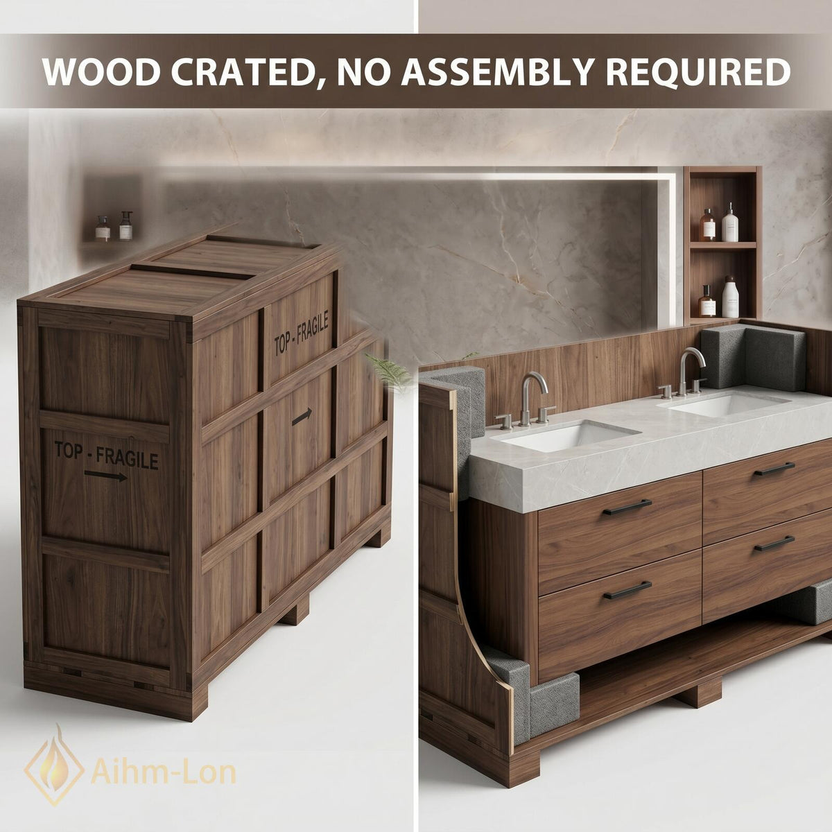 60''-96'' Double Bathroom Vanity with Sink Modern Grey Stone Top Walnut Drawers