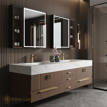 72''-96'' Double Bathroom Vanity with Sink White Modern Floating Basin Slatted Marble