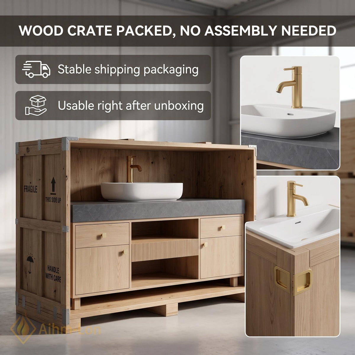 36''-110'' Double Bathroom Vanity with Sink Floating Ridged Front Open Shelving