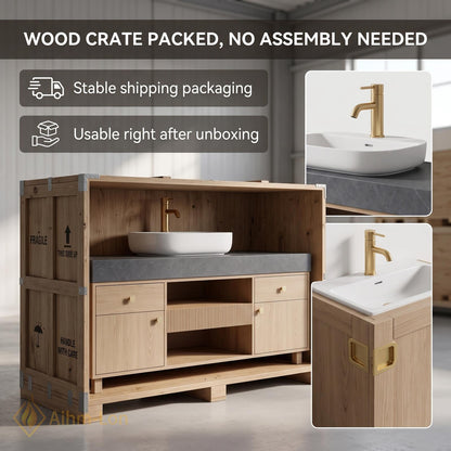 36''-110'' Double Bathroom Vanity with Sink Floating Ridged Front Open Shelving