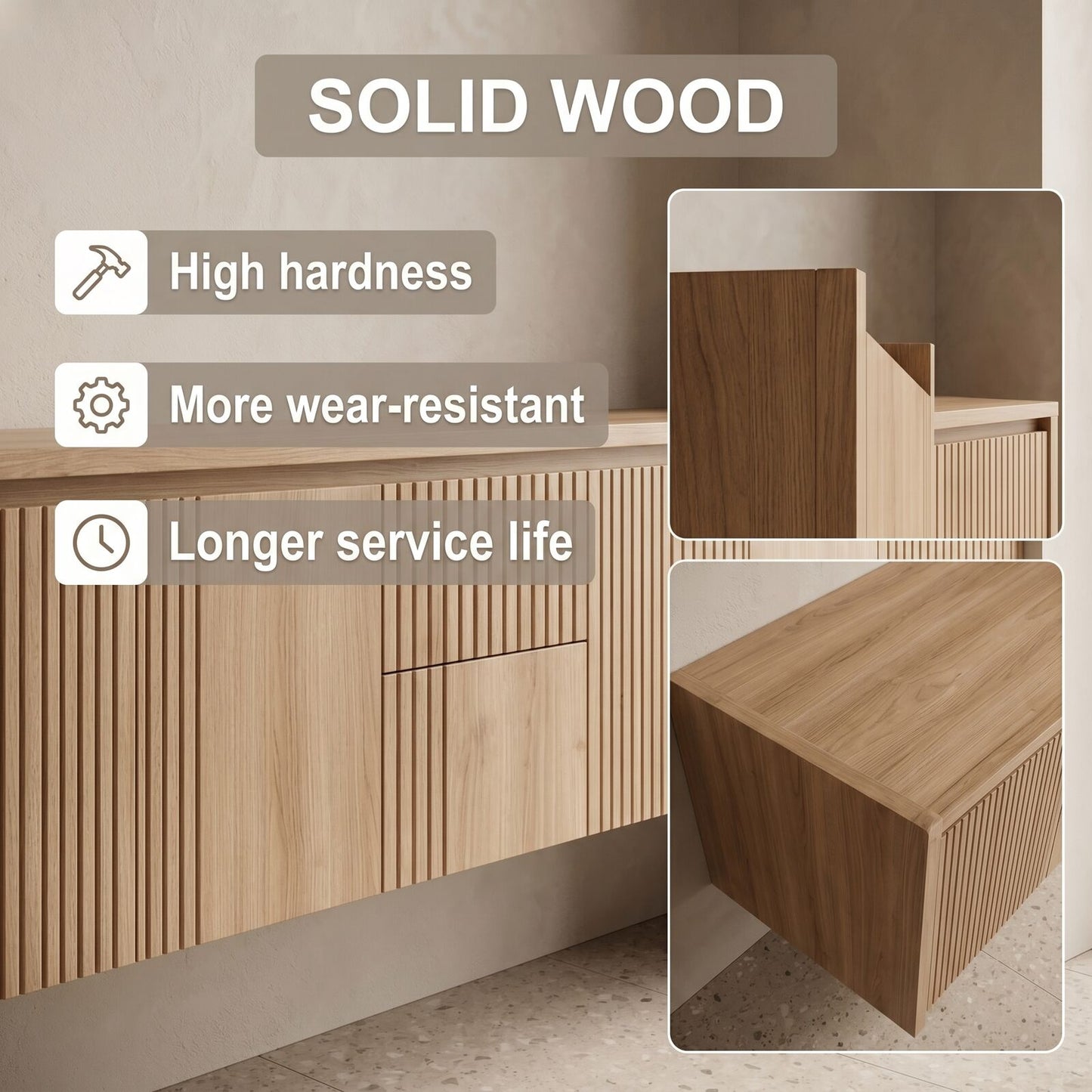 60''-96'' Modern Bathroom Vanity with Sink Grey Veining Top Slatted Wood Panels