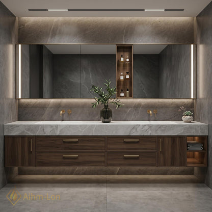 70''-96'' Double Bathroom Vanity with Sink Modern Floating Dark Walnut Marble Top