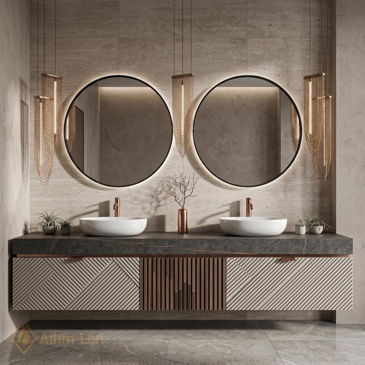 60''-96'' Double Bathroom Vanity with Sink Modern Floating Panel Slatted Open Shelving