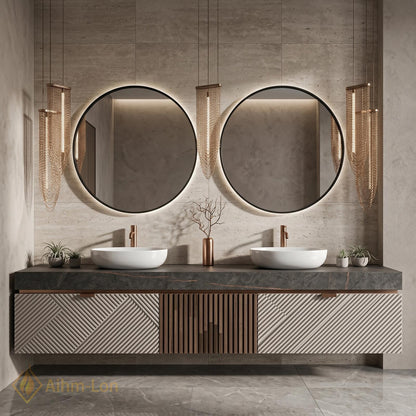 60''-96'' Double Bathroom Vanity with Sink Modern Floating Panel Slatted Open Shelving