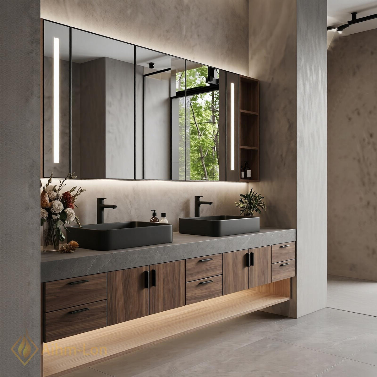 60''-96'' Double Bathroom Vanity with Sink Modern Floating Dark Wood Open Shelving