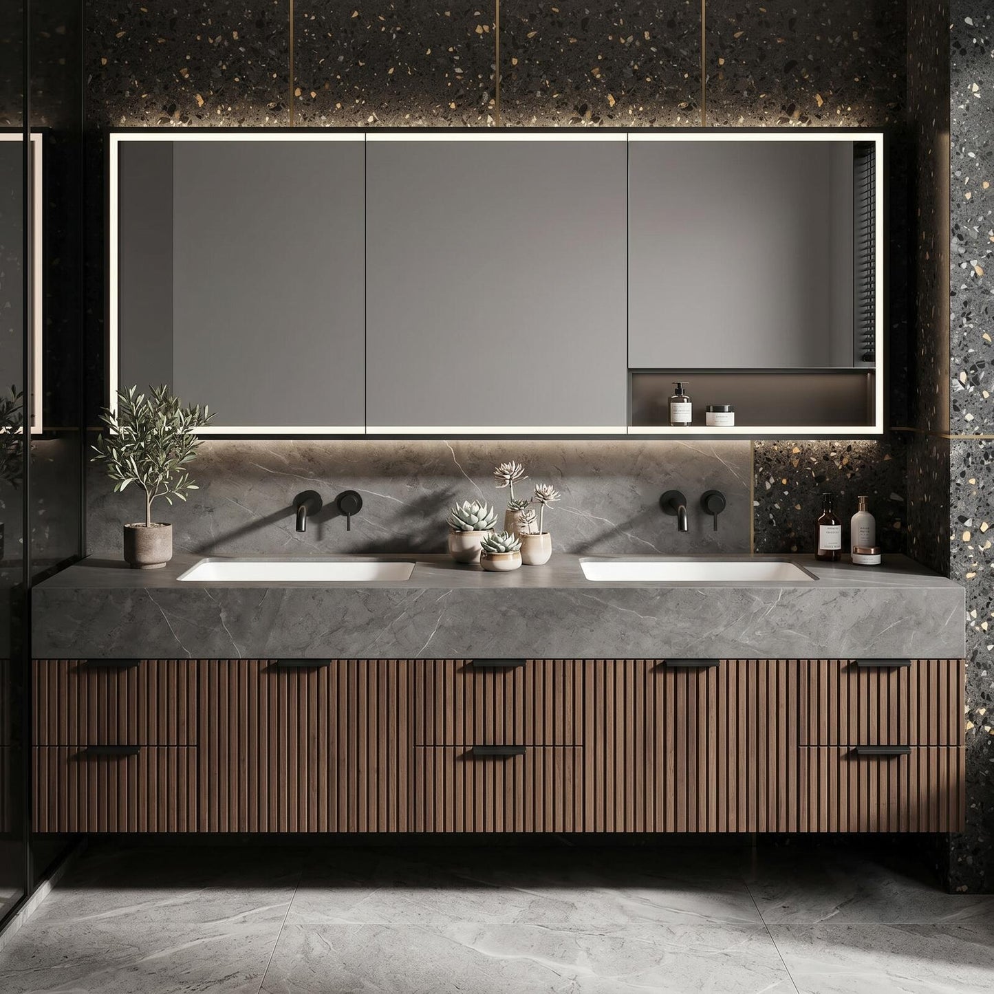 70''-96'' Modern Bathroom Vanity with Sink Double Sink Grey Marble Slatted Wood Cabinet