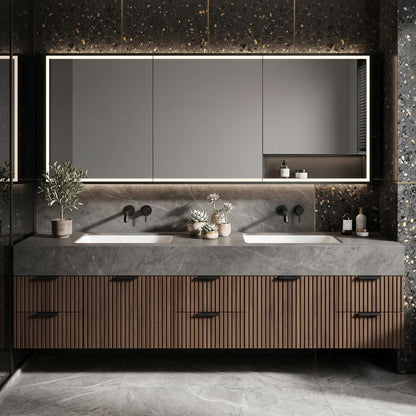 70''-96'' Modern Bathroom Vanity with Sink Double Sink Grey Marble Slatted Wood Cabinet