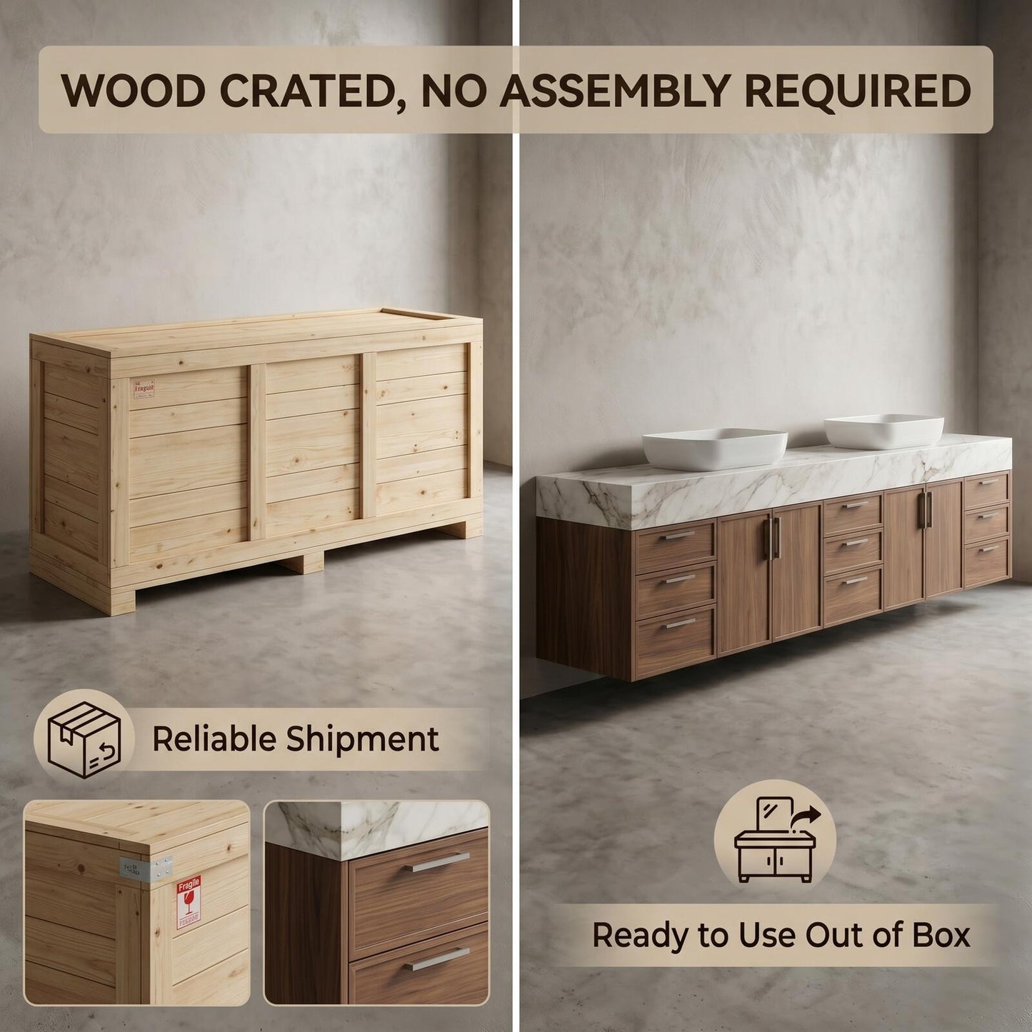 70''-96'' Modern Bathroom Vanity with Sink Double Sink White Marble Dark Walnut Cabinet