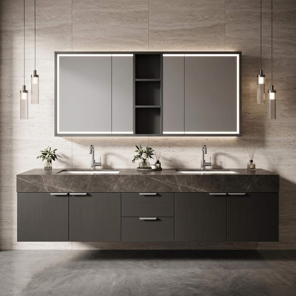 60''-96'' Double Bathroom Vanity with Sink Dark Grey Finish Wood-Grain Texture Open Mirror