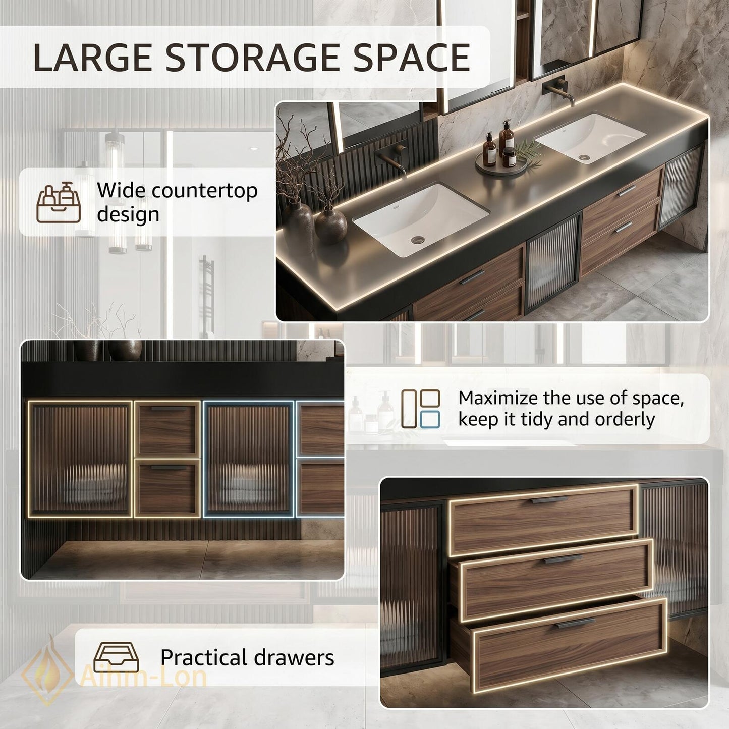 70''-96'' Bathroom Vanity with Sink Modern Floating Dark Walnut Frame Glass-Fronted Storage