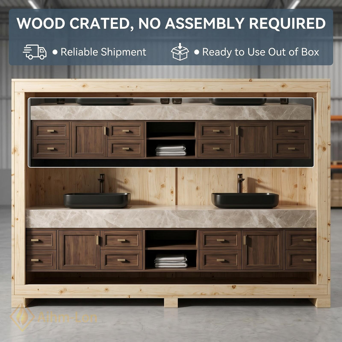 60''-96'' Double Bathroom Vanity with Sink Floating Light Marble Top Dark Wood