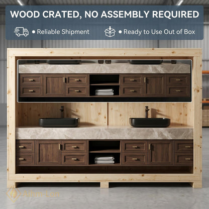 60''-96'' Double Bathroom Vanity with Sink Floating Light Marble Top Dark Wood