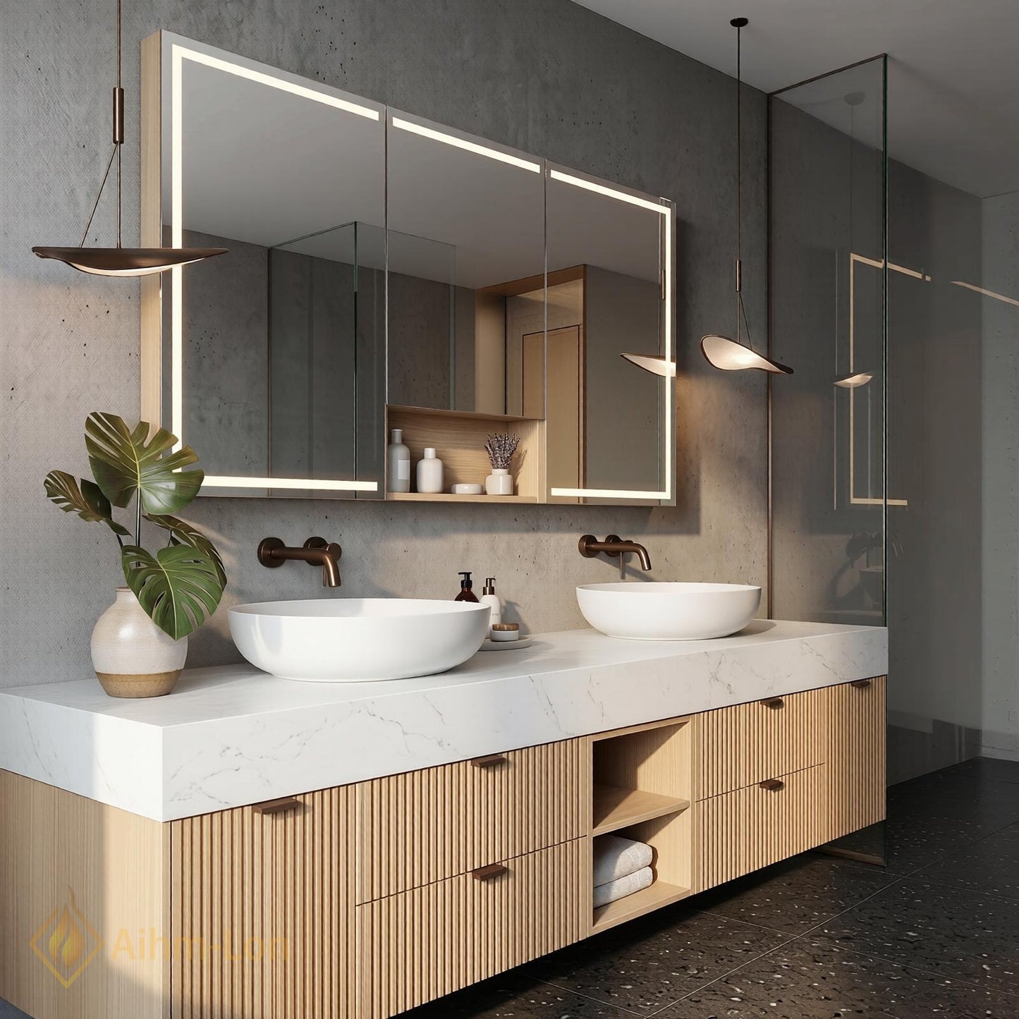 60''-96'' Double Bathroom Vanity with Sink Modern Ribbed Wood Panels Marble-Style Top
