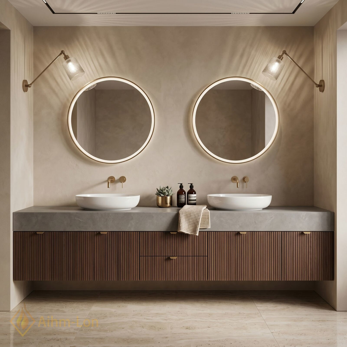 60''-96'' Double Bathroom Vanity with Sink Ribbed Wood Panels Warm Walnut Finish