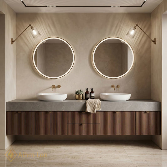 60''-96'' Double Bathroom Vanity with Sink Ribbed Wood Panels Warm Walnut Finish