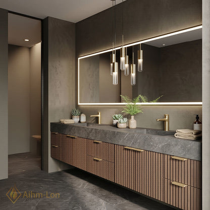 76''-96'' Double Bathroom Vanity with Sink Vertical Slatted Panels Floating Storage Deep