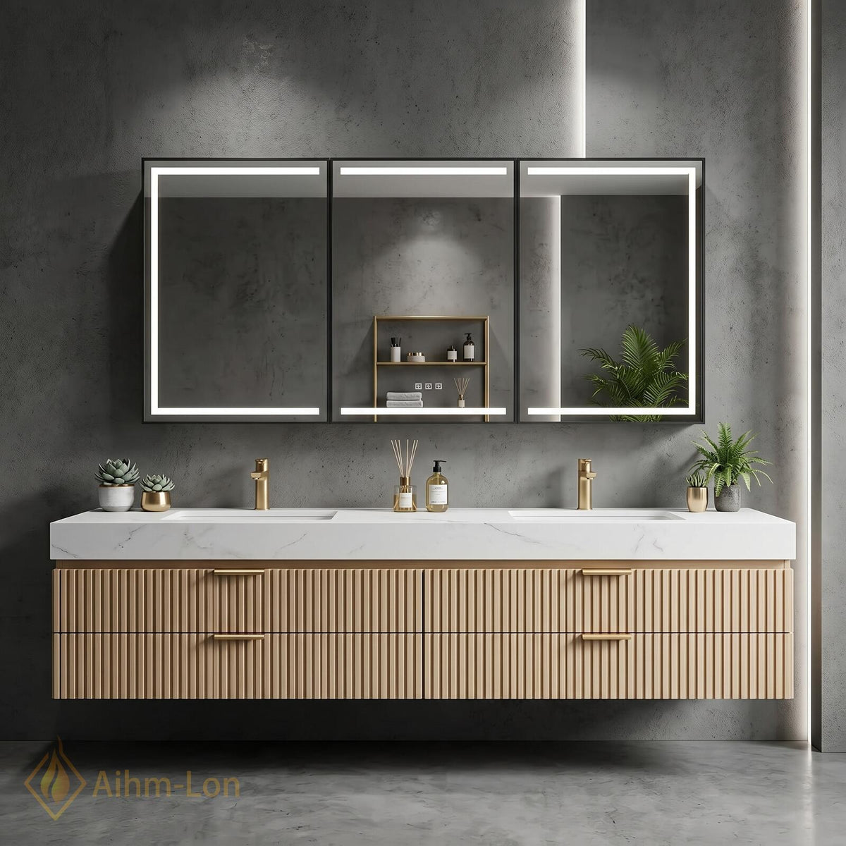60''-96'' Triple Bathroom Vanity with Sink Warm Oak Slatted Doors White Marble