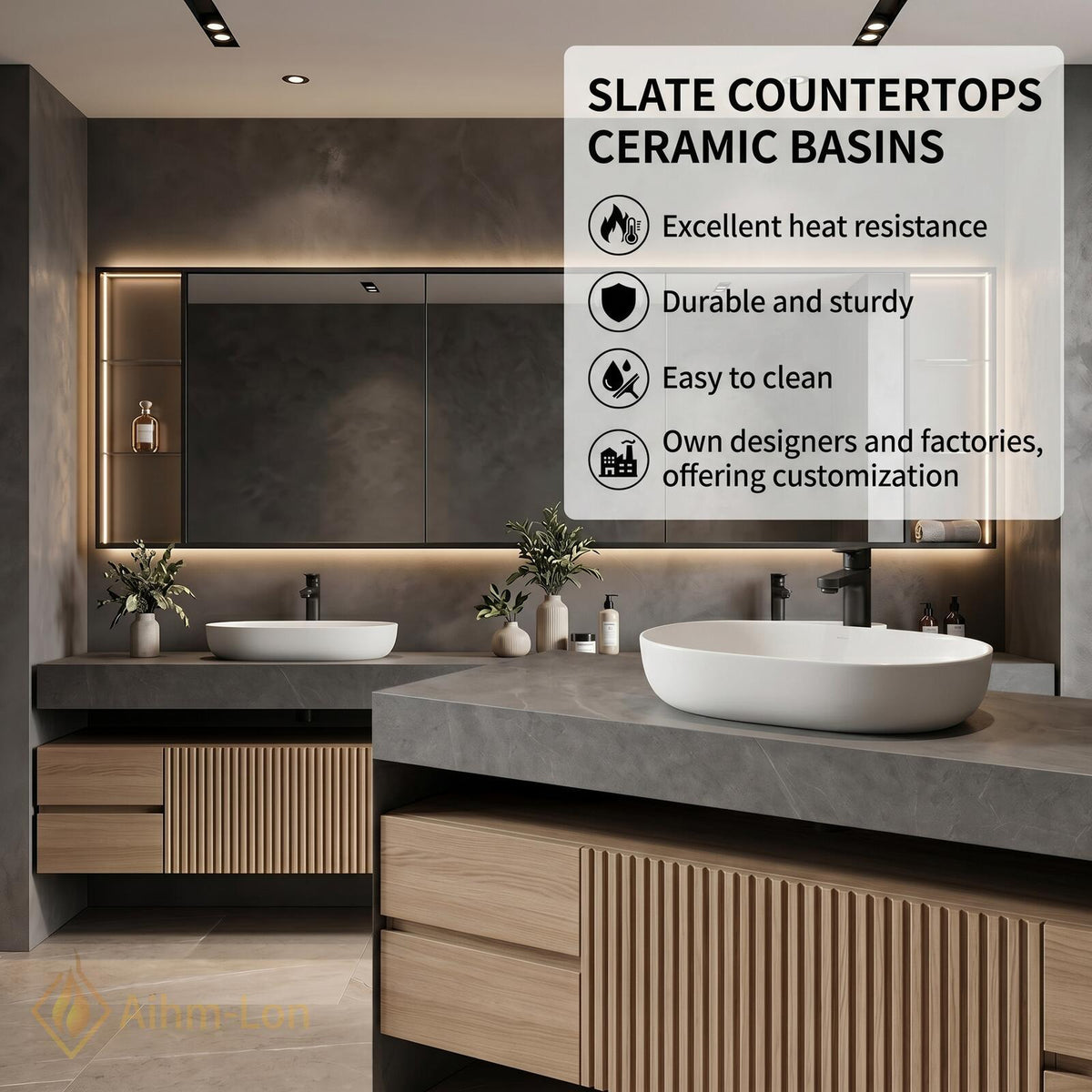 60''-96'' Double Bathroom Vanity with Sink Grey Stone Top Textured Wood Front