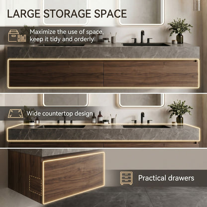 60''-96'' Modern Bathroom Vanity with Sink Double Sink Dark Stone Wood Grain Drawers Cabinet