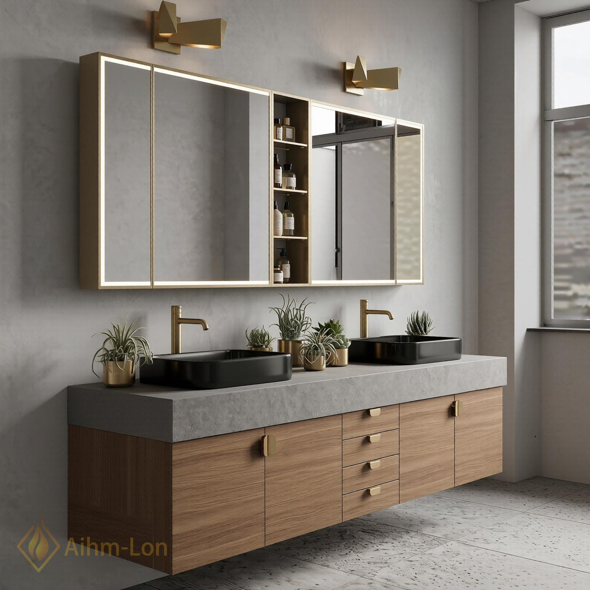 60''-96'' Double Bathroom Vanity with Sink Floating Grey Stone-Effect Wood Grain Cabinetry