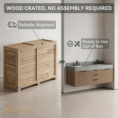 60''-96'' Double Bathroom Vanity with Sink Wood Modern Floating Slatted Stone-Top