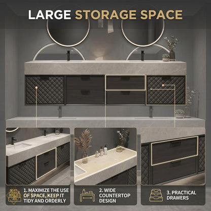 60''-96'' Double Bathroom Vanity with Sink Quartz Top Quilted Dark Cabinet Storage