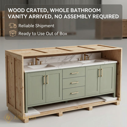 70''-96'' Modern Bathroom Vanity with Sink Wood Grain Shaker Marble Gold Drawers