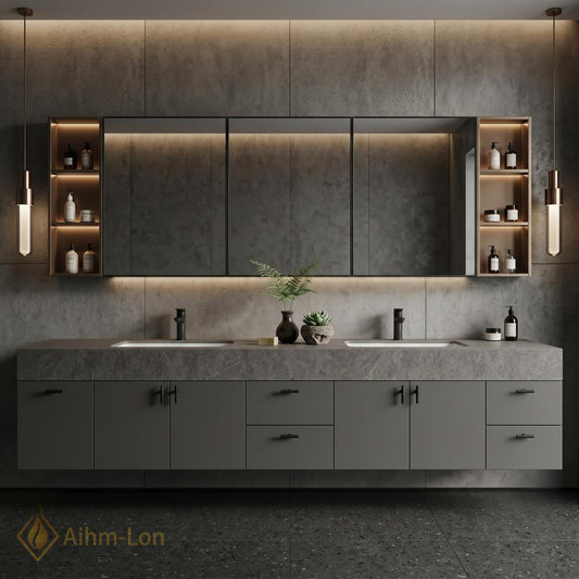 60''-96'' Double Bathroom Vanity with Sink Modern Floating Matte Grey Finish Mirror