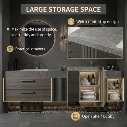 60''-96'' Double Bathroom Vanity with Sink Stone Grain Top Fluted Groove Door Shelving