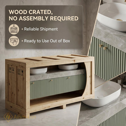 60''-96'' Double Bathroom Vanity with Sink Floating Ribbed Doors Sage Green Finish